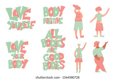 Body positive set. Different beautiful women with confidence and stylized quotes. Inspirational positive pgrases with pretty various girls.  Vector color flat illustration.