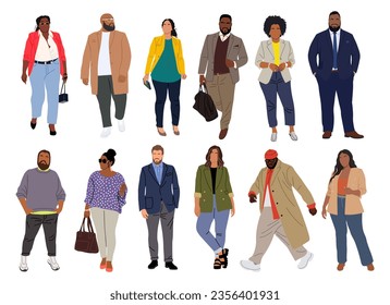 Conjunto corporal positivo de gente de negocios más grande en ropa formal e inteligente informal. Hombres felices, mujeres con cuerpos gordos curvados parados, caminando. Ilustraciones vectoriales aisladas en fondo blanco