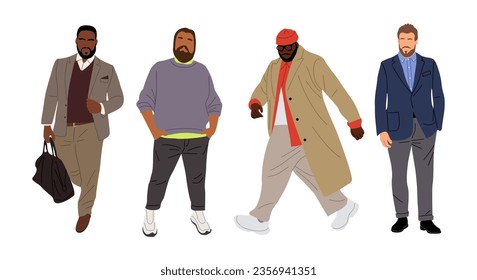 Body positive set of plus size business men in fashion formal and smart casual outfits. Happy men with fat curvy bodies standing, walking. Vector realistic illustrations isolated on white background