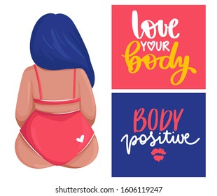 Body positive set vector cards. Plus size woman dressed in swimsuits sitting back. Happy girl flat style illustration. Attractive overweight lady. Female cartoon character. Love your body.