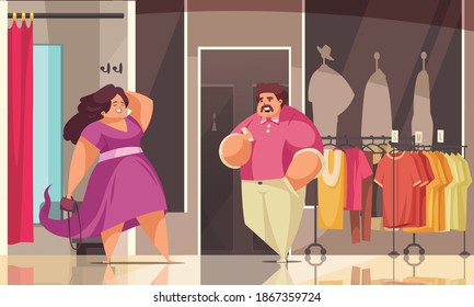 Body positive shopping composition two in a plus size store and she looks great in new clothes vector illustration