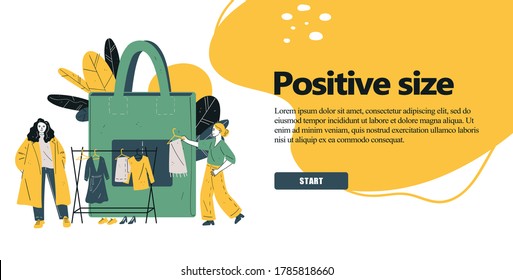 Body positive size concept for web page, banner, presentation, social media, documents, cards, posters. Flat style Vector cartoon illustration with women stylist and buyer, clothes, bag, leaves. 