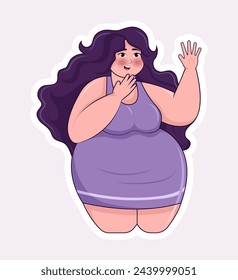 Body positive sticker image. The artwork depicts a beautiful woman in a colorful and vibrant design that adds a touch of whimsy and charm. Vector illustration.