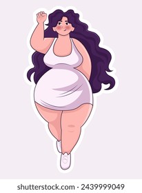 Body positive sticker image. The stunning woman is depicted in a bright and colorful style that creates a striking composition against a simple white background. Vector illustration.