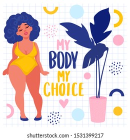 Body positive stickers. Plus size Woman dressed in swimsuits. Happy girl flat style illustration. Attractive overweight lady. Female cartoon character.