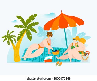body positive summer vacation, big people, beautiful swimsuit, young attractive design, cartoon style vector illustration. Isolated on white, overweight, chubby fashion man, sea sand, beach vacation.
