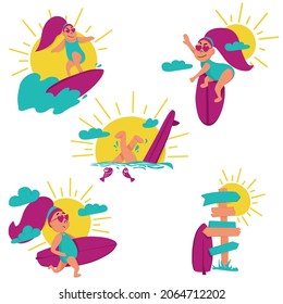 body positive surfing girls: set of vector illustrations. The man fell from the surf. Surf Girl on the wave. Girl in heart sunglasses. Wooden sign. Concept for icons, stickers, avatars