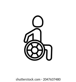 Cuerpo positivo. Icono de línea delgada de inhabilitado en silla de ruedas. Ilustración vectorial.