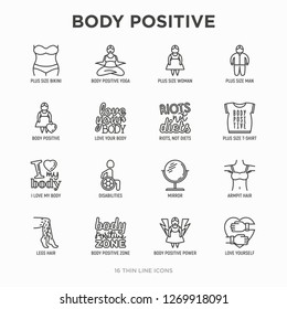 Body positive thin line icons set: woman plus size, yoga, bikini, armpit hair, legs hair, mirror, disability. Stickers with quotes. Modern vector illustration.