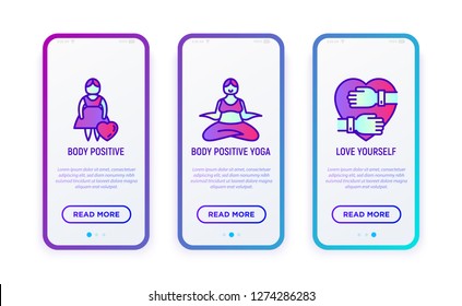 Body positive thin line icons set: woman plus size, yoga, love yourself. Vector illustration for user mobile interface.
