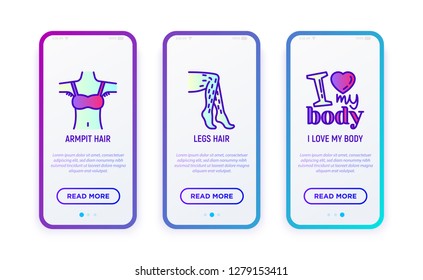 Body positive thin line icons set: armpit hair, legs hair. Stickers with quotee: I love my body. Vector illustration for user mobile interface.