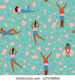 Body positive with various of young women characters in different poses seamless pattern in vector.