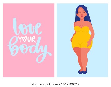 Body positive vector cards. Plus size Woman dressed in swimsuits. Happy overweight girl flat style illustration. Attractive lady. Female cartoon character.