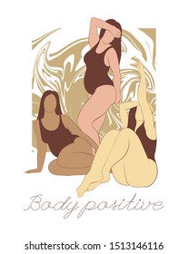 Body positive. Vector hand drawn illustration of fat women in swimsuit isolated. Creative tattoo artwork. Template for card, poster. banner, print for t-shirt, pin, badge, patch.