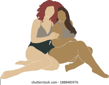  The body is positive. Vector illustration of a large size girl in bathing suits on the same wave.