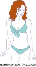 Ilustración vectorial positiva del cuerpo.  Dibujo en línea con algunos colores mujer en lencería