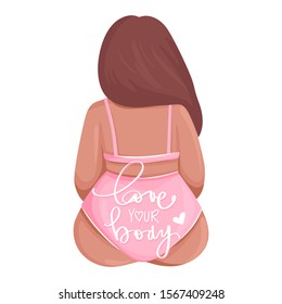 Body positive vector illustration. Plus size woman dressed in swimsuits sitting back. Happy overweight girl in flat cartoon style. Love your body lettering inscription.