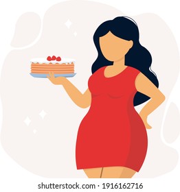 Body positive vector illustration. Plus size happy beautiful woman dressed in a red dress is holding a cake in her hand. Concept for the no diet day.