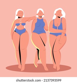 Ilustración vectorial positiva del cuerpo. Mujer más grande vestida con traje de baño. Feliz chica con sobrepeso al estilo de las caricaturas planas. El lema "Mi cuerpo, mi elección" de los activistas dibujados a mano. Citas de mujeres.