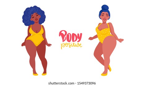 Body positive. Vector Plus size girls in flat style illustration. Attractive overweight women. Female cartoon characters. Happy ladies dressed in swimsuits.