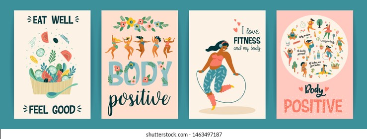 Body positive. Vector templates. Happy plus size girls and active healthy lifestyle. 