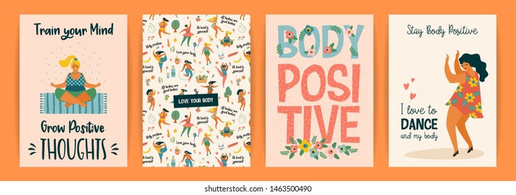 Body positive. Vector templates. Happy plus size girls and active healthy lifestyle. 