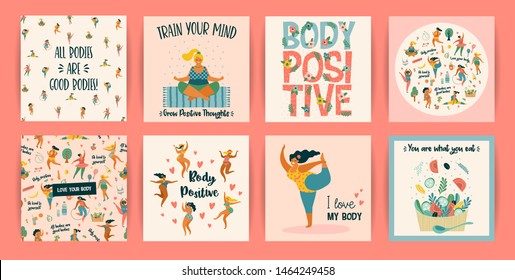 Body positive. Vector templates. Happy plus size girls and active healthy lifestyle. 