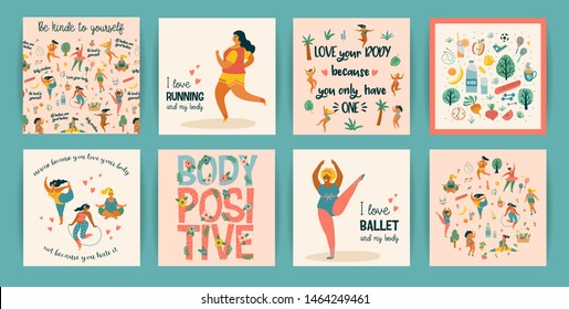 Body positive. Vector templates. Happy plus size girls and active healthy lifestyle. 