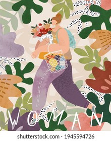 Body positive. Vector watercolor illustration of a beautiful fashionable fat woman with a bouquet of flowers. Drawing for postcard, poster, cover or background