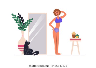 Concepto de Web positivo del cuerpo con la escena de la gente en diseño plano. Hermosa mujer delgada en ropa interior posando y mirándose amorosamente en el espejo. Ilustración vectorial con la situación del carácter para el Web