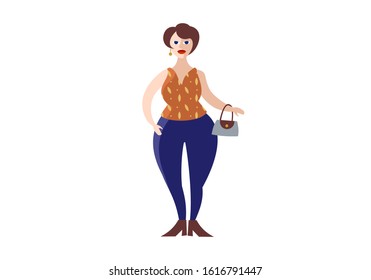 Body positive woman with bag flat vector illustration. Plus size fashion model, self acceptance concept. Curvy brown short hair person peculiar cartoon character isolated on white background.