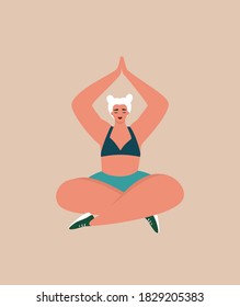 Body positive woman. Beautiful stylish plus size girl sitting in yoga pose. Healthy active lifestyle, keeping fit, meditation concept. Isolated flat vector illustration with a female character