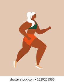 Body positive woman. Beautiful stylish plus size girl running. Healthy active lifestyle, keeping fit concept. Female character jogging. Isolated flat vector illustration