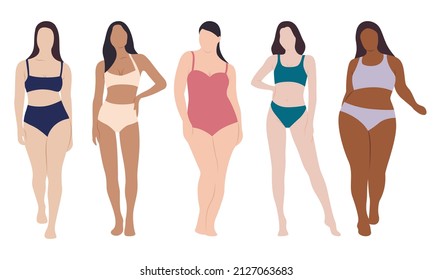 Body positive woman in bikini vector set. Female underwear illustration. Plus size and slim international and interracial woman. 