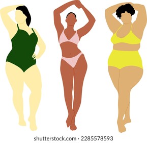 Body positive woman in bikini vector set. Female underwear illustration. Plus size and slim international and interracial woman.