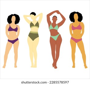 Body positive woman in bikini vector set. Female underwear illustration. Plus size and slim international and interracial woman.