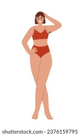 Body positive woman concept. Girl in red swimsuit. Self love and acceptance, mental health. Graphic element for website. Cartoon flat vector illustration isolated on white background