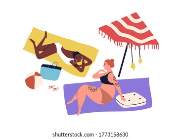 Body positive woman couple sunbathing on beach vacation in bikini. Girls chill, people talk. Female friendship, relax under umbrella in cartoon flat vector illustration isolated on white background