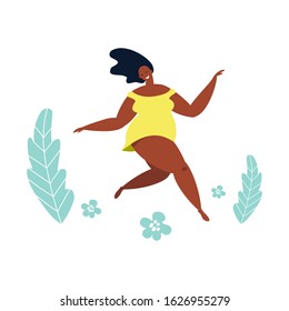 Body positive with woman of different figure type. Vector flat style illustration happy plus size girl are dancing and green leaves, flowers isolated on white background. Female cartoon character