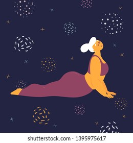 Body positive woman doing asana bhujangasana yoga. Plus size model makes asana in the space. Young girl stretches her back.  Zen relaxation. How to do certain exercise. Flat vector