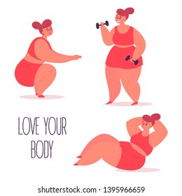 Body positive woman doing fitness workout. Happy plus size woman with dumbbells in hands, abs workout and squatting. Cute fitness fatty girl. Love your body motivational and inspirational slogan. Flat