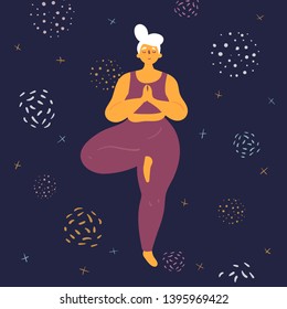 Body positive woman doing tridasana yoga. Plus size model makes asana in the space. Young girl stands on one leg.  Zen relaxation. How to do certain exercise. Flat vector illustration