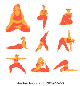 Body positive woman doing yoga poses. Slightly overweight girl doing different asana exercises for stretching, body and mental health. Healthy lifestyle for everybody concept. Plus  size model. Flat