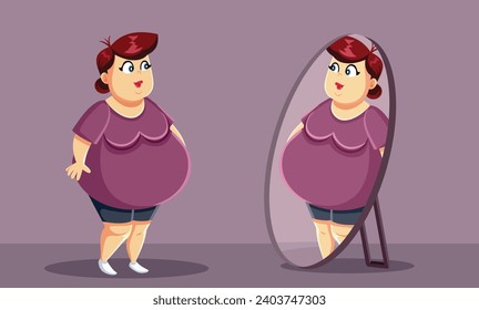 
Body Positive Woman Feeling Good About Her Weight Vector Illustration. Curvy model looking in the mirror with self-love and acceptance 
