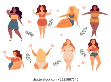 Body positive woman female isolated set concept. Vector design graphic illustration
