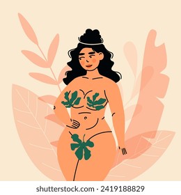 Body positive woman. Happy overweight female character in flowers, chubby curvy girl, love yourself concept. Vector flat cartoon illustration.