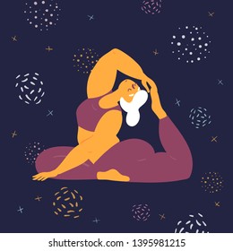 Body positive woman in king pigeon rajakapotasana yoga asana pose. Plus size model makes asana in the space. Young girl pulls her leg up to her leg.  Zen relaxation. How to do certain exercise. Flat