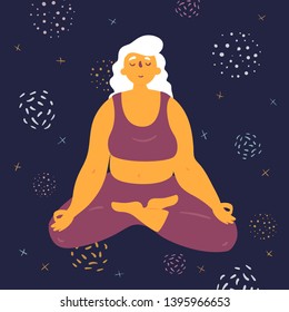 Body positive woman in lotus pose. Plus size model makes asana in the space. Young girl crossed her legs and meditated. Zen relaxation.  How to do yoga exercise. Flat vector illustration