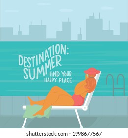 Body positive woman near swimming pool on skyscraper urban city landscape background. Summer vacation concept. Lettering text destination: summer, find your happy place. Vector stock illustration. EPS