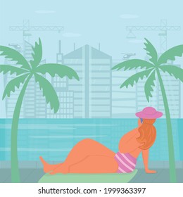 Body positive woman near swimming pool on skyscraper urban city landscape background. Summer vacation concept for city resort hotel. Vector stock illustration. EPS 10